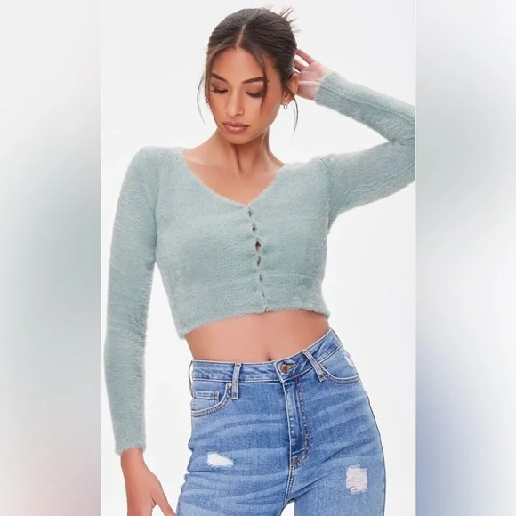 Forever 21 Sweaters Fuzzy Cropped Cardigan Sweater Sm Poshmark